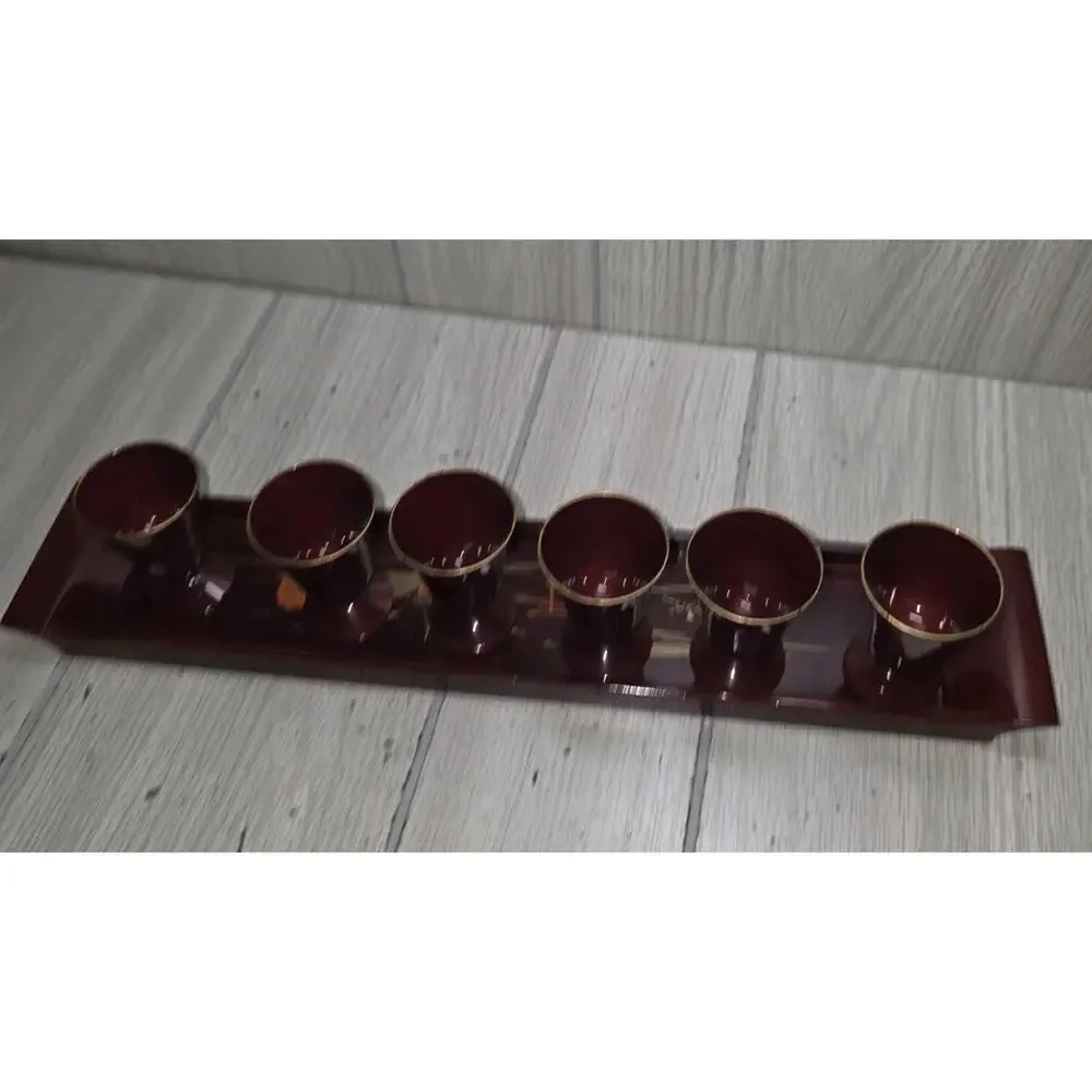 VTG Imaoka Trading Co Japan AIZU Sake Set 6 Cups Tray Deep Red Gold Beach Scene